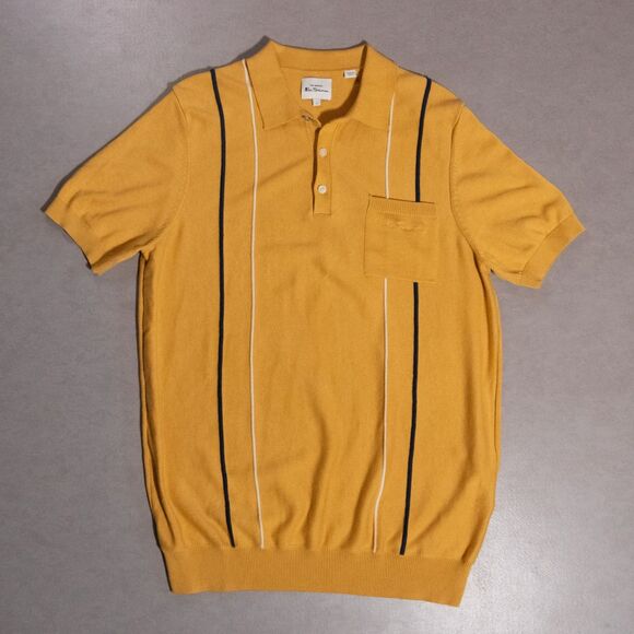 Ben Sherman Striped Short Sleeve Knit Polo Shirt Mens Large Yellow Preppy - Picture 1 of 6